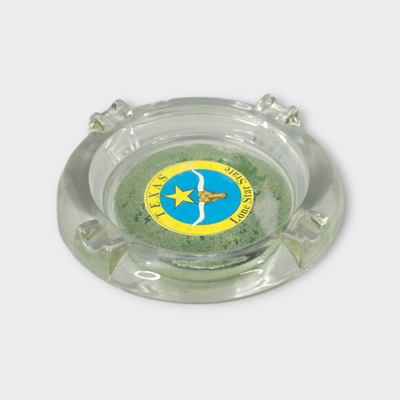 Texas Lone Star State Glass Ashtray Round 4 Slot Longhorn Souvenir Yellow Blue - Picture 8 of 11